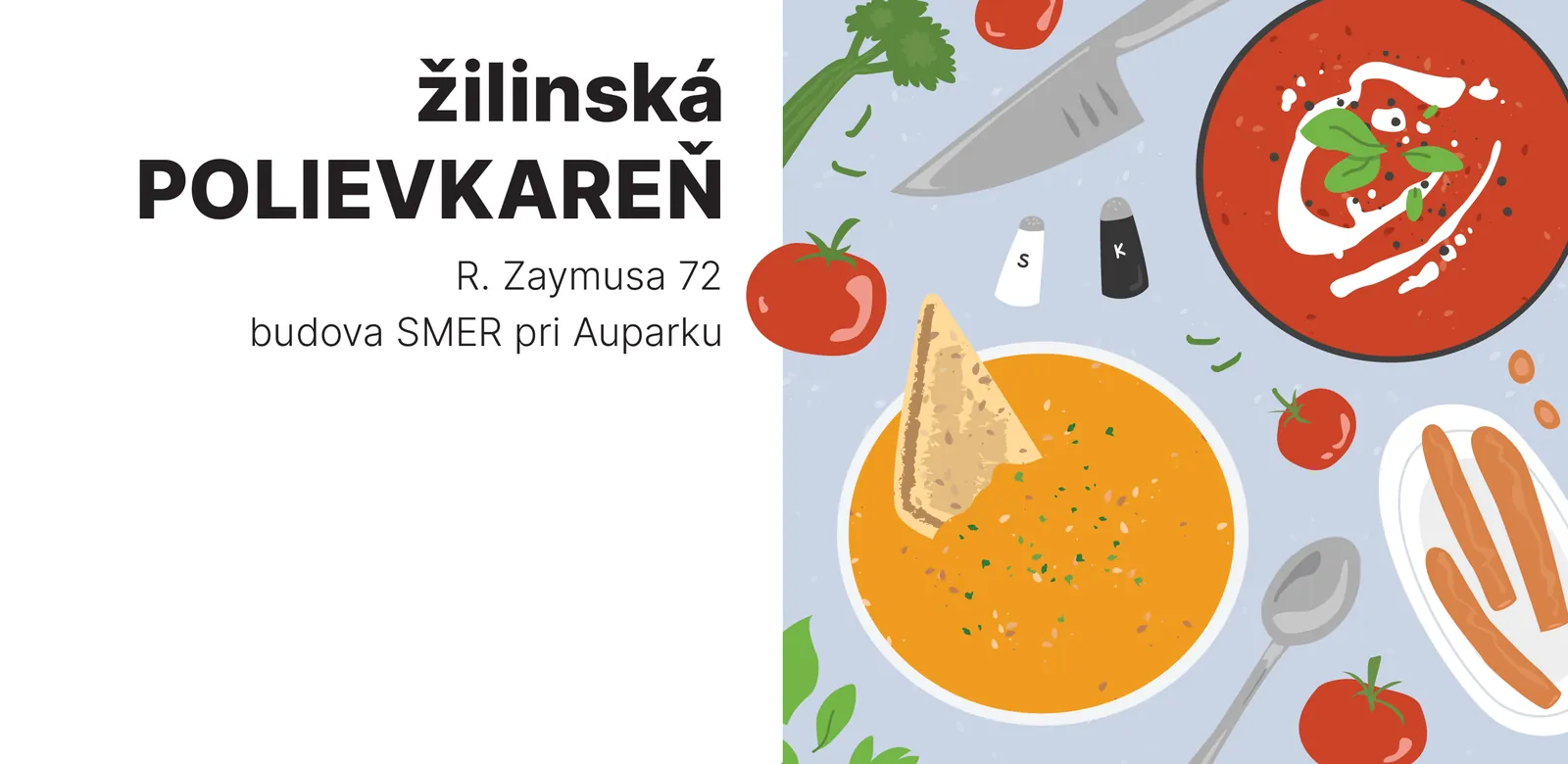 Ilustrovaný banner Žilinská Polievkaren – R. Zaymusa 72, budova SMER pri Auparku